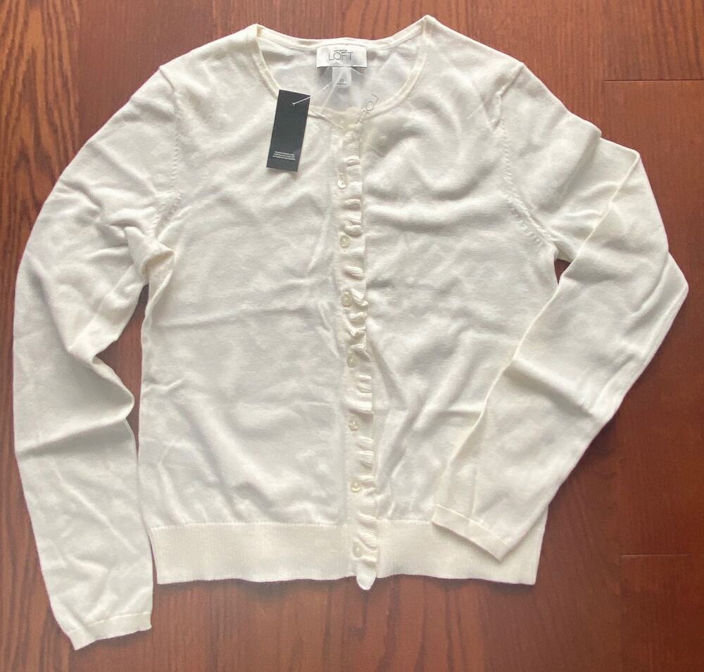 NWT Ann Taylor LOFT Ivory Ruffle Button Cardigan Sweater XS